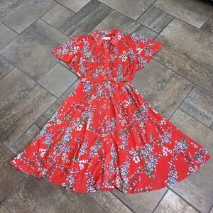 Nanette Lepore Sheer Romantic Flowy Pleated Midi Dress Floral Red Size 8